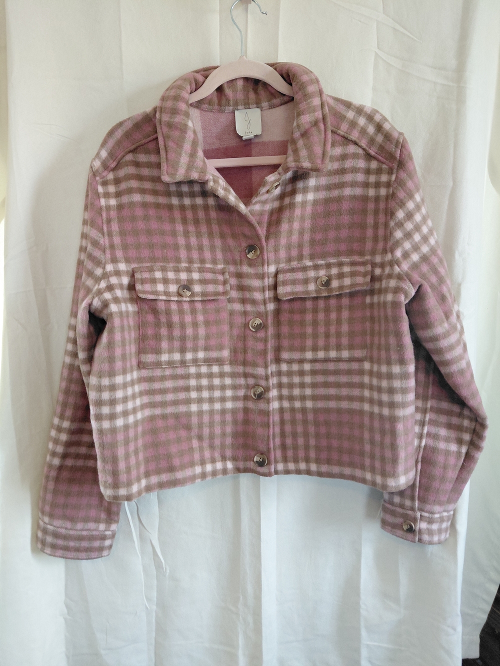 Joie Pink and Cream Plaid Button-Up Shacket